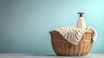 Woven wicker laundry basket displays white knitted sweater and detergent bottle, positioned rightward against soft blue backdrop in minimalist, cozy home setting. clean photo