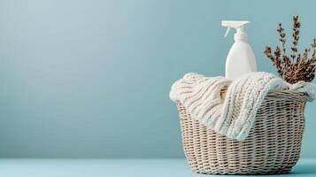 Woven wicker laundry basket displays white knitted sweater and detergent bottle, positioned rightward against soft blue backdrop in minimalist, cozy home setting. practical photo