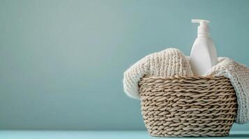 Woven wicker laundry basket displays white knitted sweater and detergent bottle, positioned rightward against soft blue backdrop in minimalist, cozy home setting. functional photo