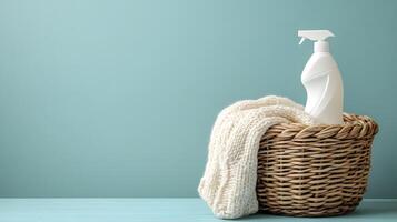 Woven wicker laundry basket displays white knitted sweater and detergent bottle, positioned rightward against soft blue backdrop in minimalist, cozy home setting. neat photo