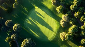 Luxury golf course green photographed from above shows manicured lawn, lush tree borders, and morning sunlight casting shadows across pristine landscape with early dew. pristine photo