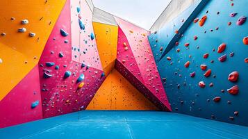 Colorful climbing wall features vibrant pink, blue, and orange holds in child-friendly bouldering gym, displaying safety padding and bold geometric shapes in diffused lighting. athletic photo