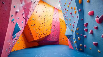 Colorful climbing wall features vibrant pink, blue, and orange holds in child-friendly bouldering gym, displaying safety padding and bold geometric shapes in diffused lighting. vibrant photo