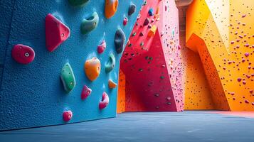 Colorful climbing wall features vibrant pink, blue, and orange holds in child-friendly bouldering gym, displaying safety padding and bold geometric shapes in diffused lighting. colorful photo
