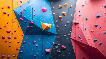 Colorful climbing wall features vibrant pink, blue, and orange holds in child-friendly bouldering gym, displaying safety padding and bold geometric shapes in diffused lighting. energetic photo