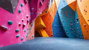 Colorful climbing wall features vibrant pink, blue, and orange holds in child-friendly bouldering gym, displaying safety padding and bold geometric shapes in diffused lighting. challenging photo