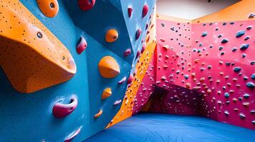 Colorful climbing wall features vibrant pink, blue, and orange holds in child-friendly bouldering gym, displaying safety padding and bold geometric shapes in diffused lighting. pink photo