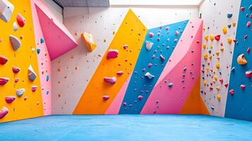 Colorful climbing wall features vibrant pink, blue, and orange holds in child-friendly bouldering gym, displaying safety padding and bold geometric shapes in diffused lighting. wall photo
