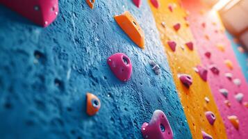 Colorful climbing wall features vibrant pink, blue, and orange holds in child-friendly bouldering gym, displaying safety padding and bold geometric shapes in diffused lighting. blue photo