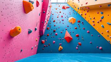 Colorful climbing wall features vibrant pink, blue, and orange holds in child-friendly bouldering gym, displaying safety padding and bold geometric shapes in diffused lighting. orange photo