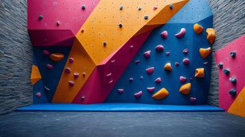 Colorful climbing wall features vibrant pink, blue, and orange holds in child-friendly bouldering gym, displaying safety padding and bold geometric shapes in diffused lighting. gym photo