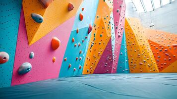 Colorful climbing wall features vibrant pink, blue, and orange holds in child-friendly bouldering gym, displaying safety padding and bold geometric shapes in diffused lighting. bouldering photo