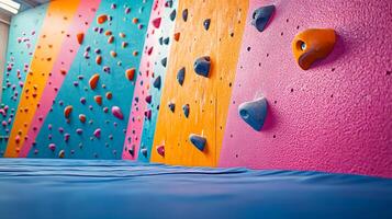 Colorful climbing wall features vibrant pink, blue, and orange holds in child-friendly bouldering gym, displaying safety padding and bold geometric shapes in diffused lighting. padding photo