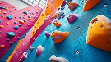 Colorful climbing wall features vibrant pink, blue, and orange holds in child-friendly bouldering gym, displaying safety padding and bold geometric shapes in diffused lighting. safety photo
