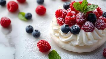Elegant mini pavlovas feature whipped cream and fresh berries on white marble, showcasing luxury food styling with scattered raspberries, blueberries, mint leaves, sugar in natural lighting. plating photo