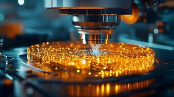 Integrated circuit manufacturing reveals extreme close-up of microchip assembly with golden components, blue technological ambiance, and precision engineering details. microchip photo