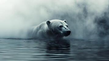 Majestic polar bear swims through arctic waters with misty icebergs behind, creating ethereal blue-white scene with crystal reflections and dramatic fog in National Geographic style. polar photo