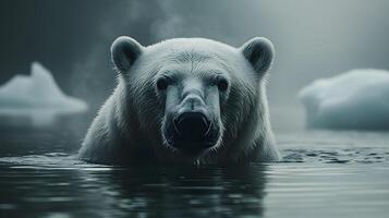 Majestic polar bear swims through arctic waters with misty icebergs behind, creating ethereal blue-white scene with crystal reflections and dramatic fog in National Geographic style. misty photo