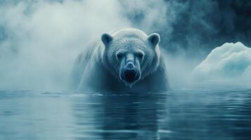 Majestic polar bear swims through arctic waters with misty icebergs behind, creating ethereal blue-white scene with crystal reflections and dramatic fog in National Geographic style. wildlife photo
