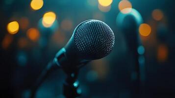 Professional microphone setup emphasizes broadcast journalism with blurred audience background, featuring metallic mesh detail and multiple microphones in dramatic lighting. event photo