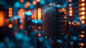 Professional microphone setup emphasizes broadcast journalism with blurred audience background, featuring metallic mesh detail and multiple microphones in dramatic lighting. live photo