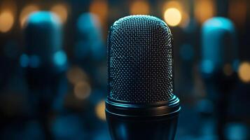 Professional microphone setup emphasizes broadcast journalism with blurred audience background, featuring metallic mesh detail and multiple microphones in dramatic lighting. microphone photo
