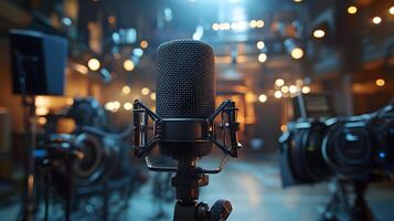 Professional microphone setup emphasizes broadcast journalism with blurred audience background, featuring metallic mesh detail and multiple microphones in dramatic lighting. broadcast photo