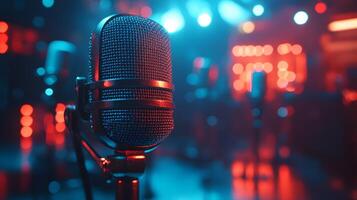 Professional microphone setup emphasizes broadcast journalism with blurred audience background, featuring metallic mesh detail and multiple microphones in dramatic lighting. audience photo