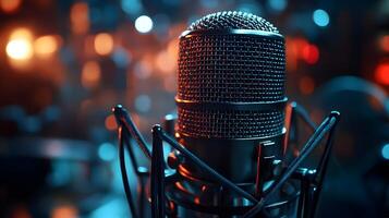 Professional microphone setup emphasizes broadcast journalism with blurred audience background, featuring metallic mesh detail and multiple microphones in dramatic lighting. dramatic photo