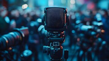 Professional microphone setup emphasizes broadcast journalism with blurred audience background, featuring metallic mesh detail and multiple microphones in dramatic lighting. lighting photo