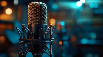 Professional microphone setup emphasizes broadcast journalism with blurred audience background, featuring metallic mesh detail and multiple microphones in dramatic lighting. professional photo