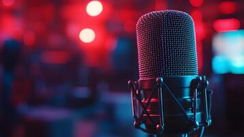 Professional microphone setup emphasizes broadcast journalism with blurred audience background, featuring metallic mesh detail and multiple microphones in dramatic lighting. media photo