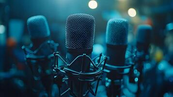 Professional microphone setup emphasizes broadcast journalism with blurred audience background, featuring metallic mesh detail and multiple microphones in dramatic lighting. audio photo