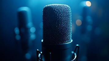 Professional microphone setup emphasizes broadcast journalism with blurred audience background, featuring metallic mesh detail and multiple microphones in dramatic lighting. sound photo