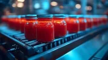 Red glass ketchup jars move along conveyor belt in industrial setting, highlighting food production automation with metallic blue tones and translucent red liquid. processing photo