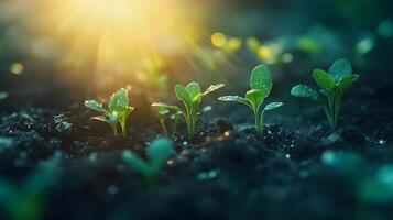 Sunbeams pierce through young green seedlings in magical morning light, showcasing delicate sprouts emerging from rich soil with ethereal glow and soft bokeh effect. magical photo