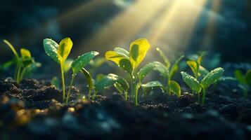 Sunbeams pierce through young green seedlings in magical morning light, showcasing delicate sprouts emerging from rich soil with ethereal glow and soft bokeh effect. soil photo