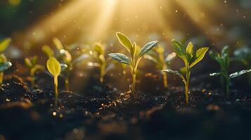 Sunbeams pierce through young green seedlings in magical morning light, showcasing delicate sprouts emerging from rich soil with ethereal glow and soft bokeh effect. ethereal photo