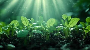Sunbeams pierce through young green seedlings in magical morning light, showcasing delicate sprouts emerging from rich soil with ethereal glow and soft bokeh effect. sprouts photo