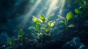 Sunbeams pierce through young green seedlings in magical morning light, showcasing delicate sprouts emerging from rich soil with ethereal glow and soft bokeh effect. glow photo