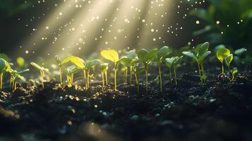 Sunbeams pierce through young green seedlings in magical morning light, showcasing delicate sprouts emerging from rich soil with ethereal glow and soft bokeh effect. nature photo