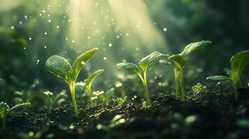 Sunbeams pierce through young green seedlings in magical morning light, showcasing delicate sprouts emerging from rich soil with ethereal glow and soft bokeh effect. growth photo