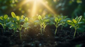 Sunbeams pierce through young green seedlings in magical morning light, showcasing delicate sprouts emerging from rich soil with ethereal glow and soft bokeh effect. life photo