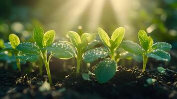 Sunbeams pierce through young green seedlings in magical morning light, showcasing delicate sprouts emerging from rich soil with ethereal glow and soft bokeh effect. botanic photo