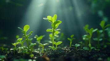 Sunbeams pierce through young green seedlings in magical morning light, showcasing delicate sprouts emerging from rich soil with ethereal glow and soft bokeh effect. emergence photo