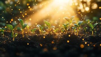 Sunbeams pierce through young green seedlings in magical morning light, showcasing delicate sprouts emerging from rich soil with ethereal glow and soft bokeh effect. cultivation photo