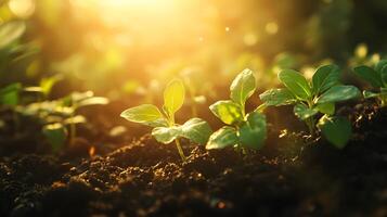 Sunbeams pierce through young green seedlings in magical morning light, showcasing delicate sprouts emerging from rich soil with ethereal glow and soft bokeh effect. garden photo