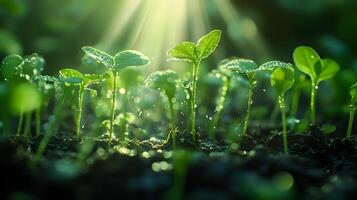 Sunbeams pierce through young green seedlings in magical morning light, showcasing delicate sprouts emerging from rich soil with ethereal glow and soft bokeh effect. agriculture photo