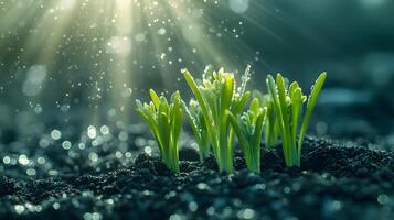 Sunbeams pierce through young green seedlings in magical morning light, showcasing delicate sprouts emerging from rich soil with ethereal glow and soft bokeh effect. nurture photo