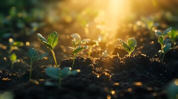 Sunbeams pierce through young green seedlings in magical morning light, showcasing delicate sprouts emerging from rich soil with ethereal glow and soft bokeh effect. farming photo